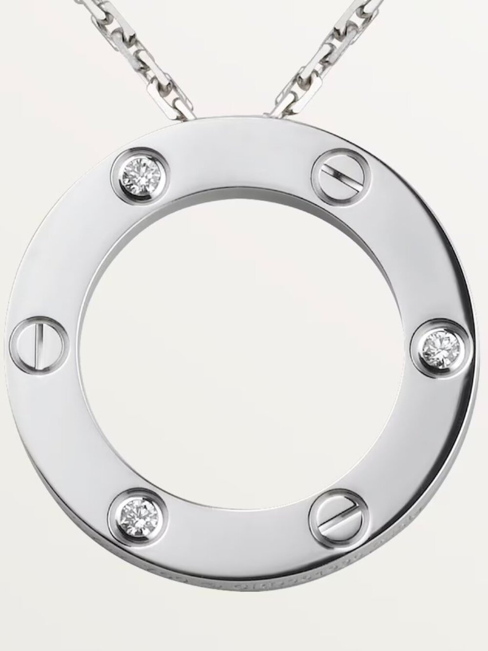 $6050 Authentic Cartier Love Pendant Necklace, 3 Diamonds, 18K White Gold, 18"